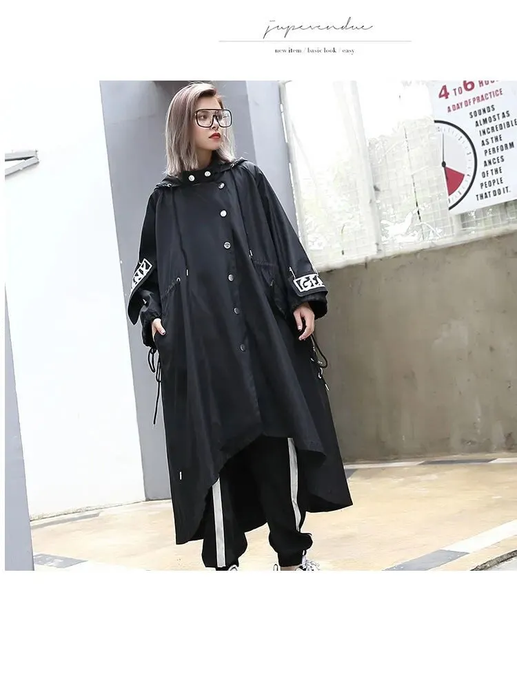 HEYFANCYSTYLE Trendy Black Hooded Trench Jacket