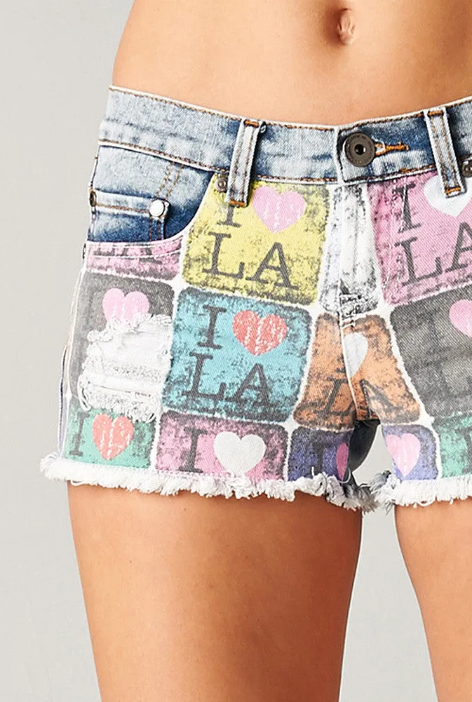 I HEART LA Print Frayed Denim Jean Shorts