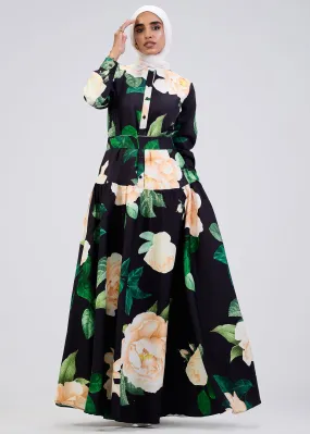 Israa Floral Print Button-Front Maxi Dress in Black