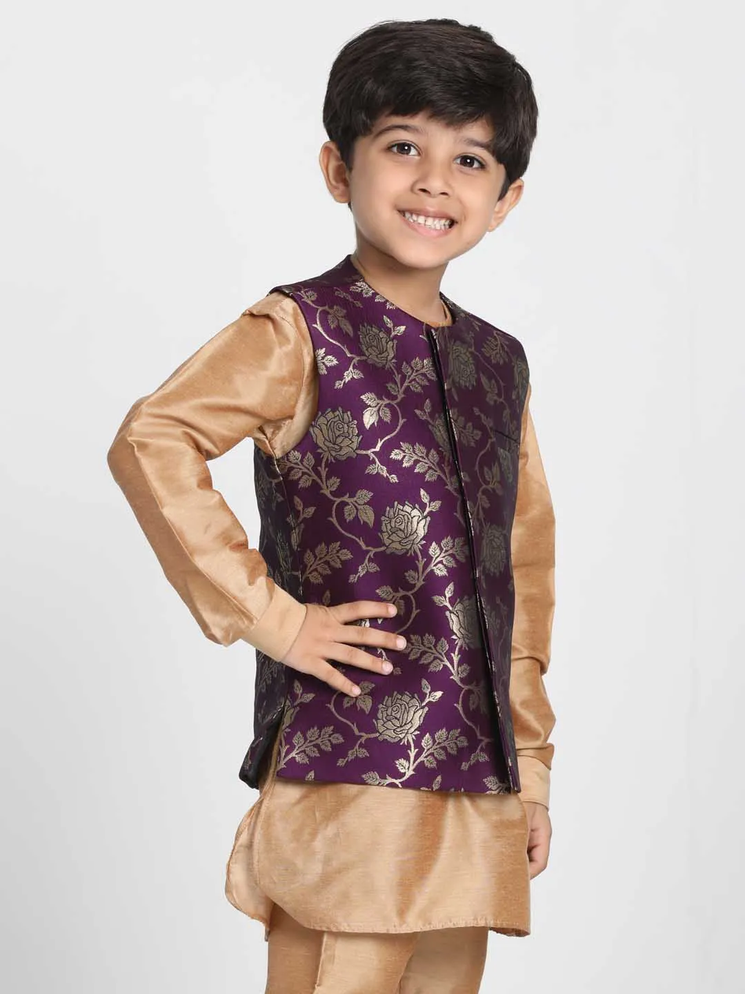 Jashvi Boys' Purple Cotton Silk Blend Nehru Jacket