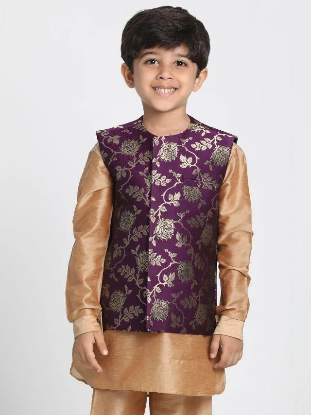 Jashvi Boys' Purple Cotton Silk Blend Nehru Jacket