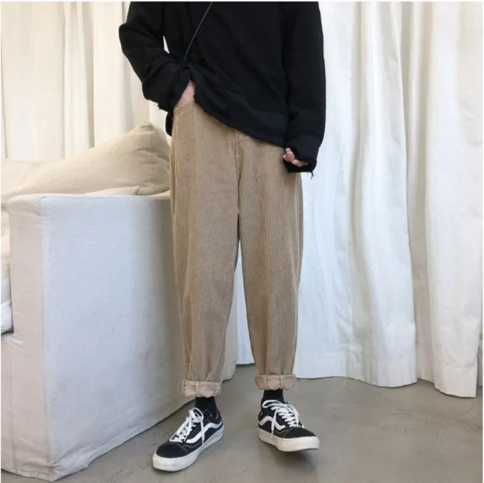 Jinquedai  Khaki/Black Corduroy Pants Men Fashion Solid Color Retro Casual Straight Pants Men Streetwear Harem Pants Mens Trousers M-3XL