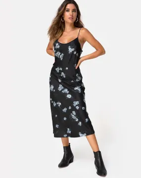 Julia Maxi Dress in Mono Flower Black Satin