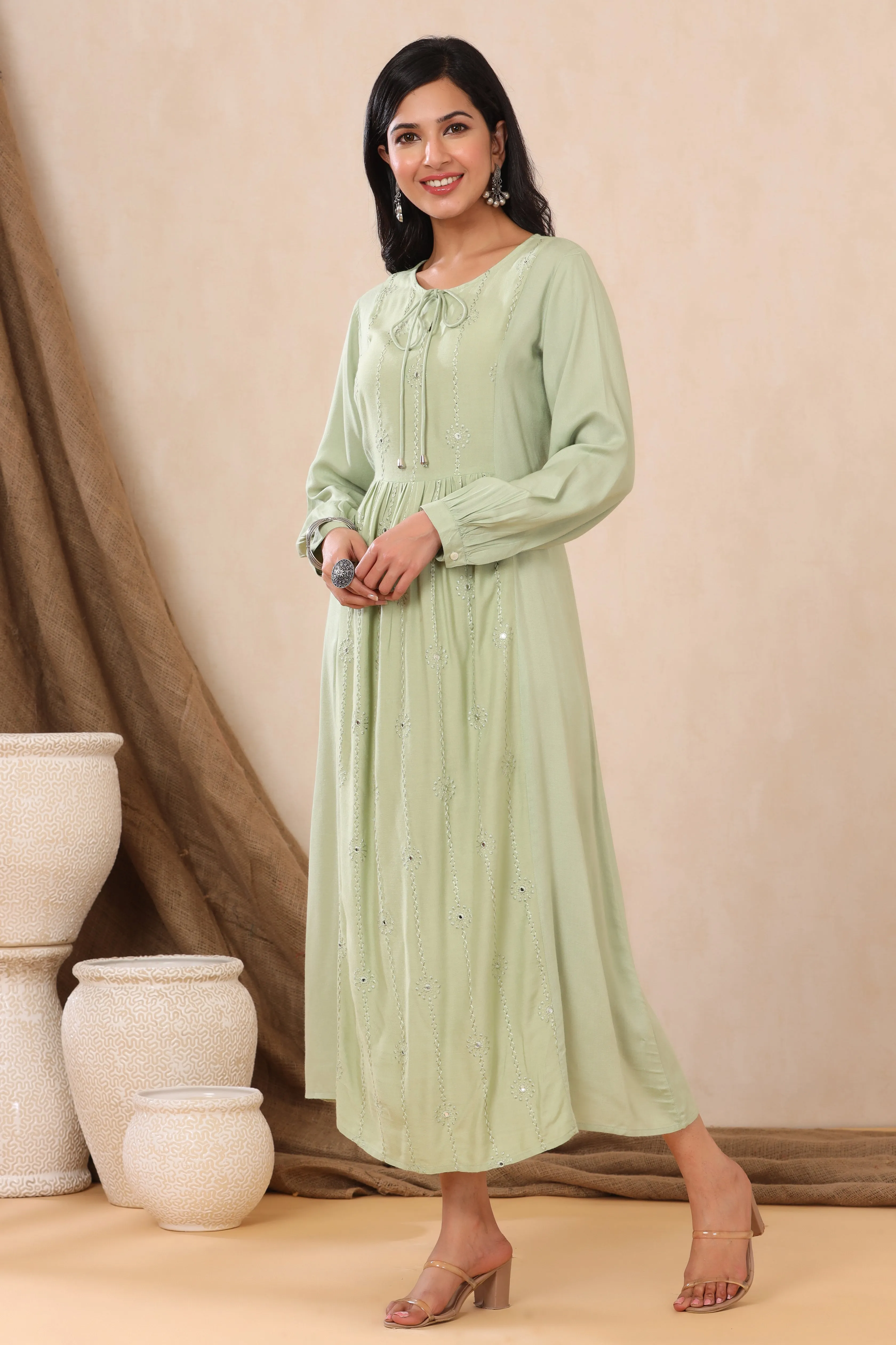 Juniper Olive Thread Embroidered Rayon Maxi dress