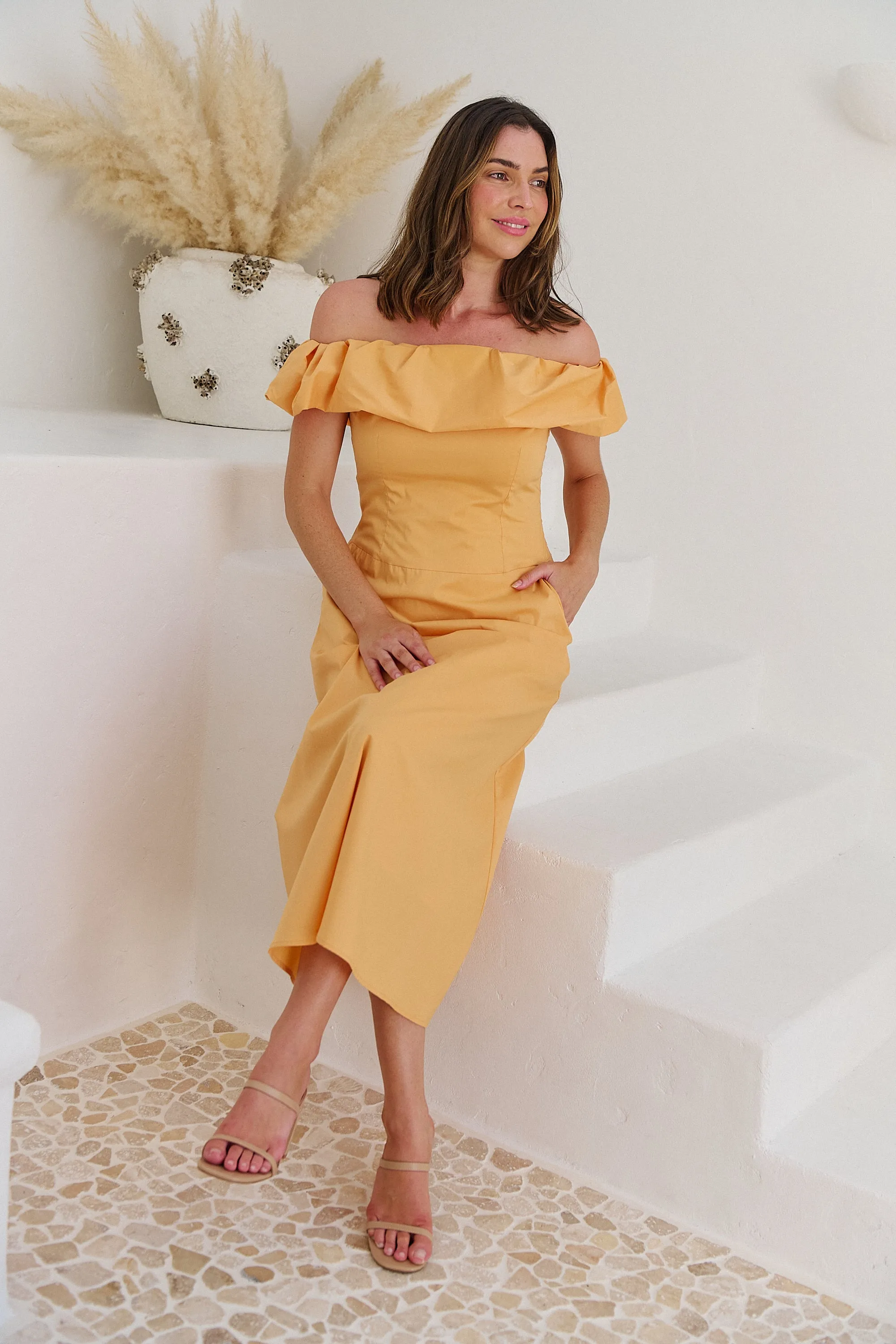 Kaede Peach Off Shoulder Maxi Dress