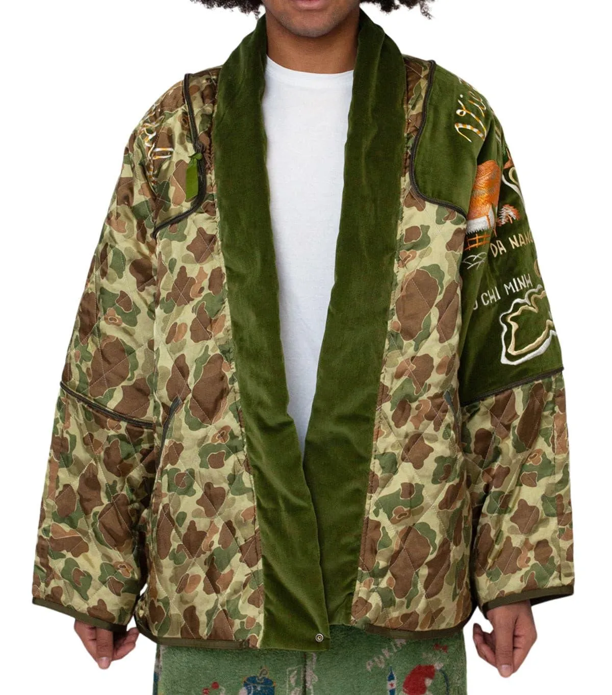 Kapital Rayon Satin Quilting Camo Kesa Sham Bomber Jacket (Beautiful Vietnam) Khaki