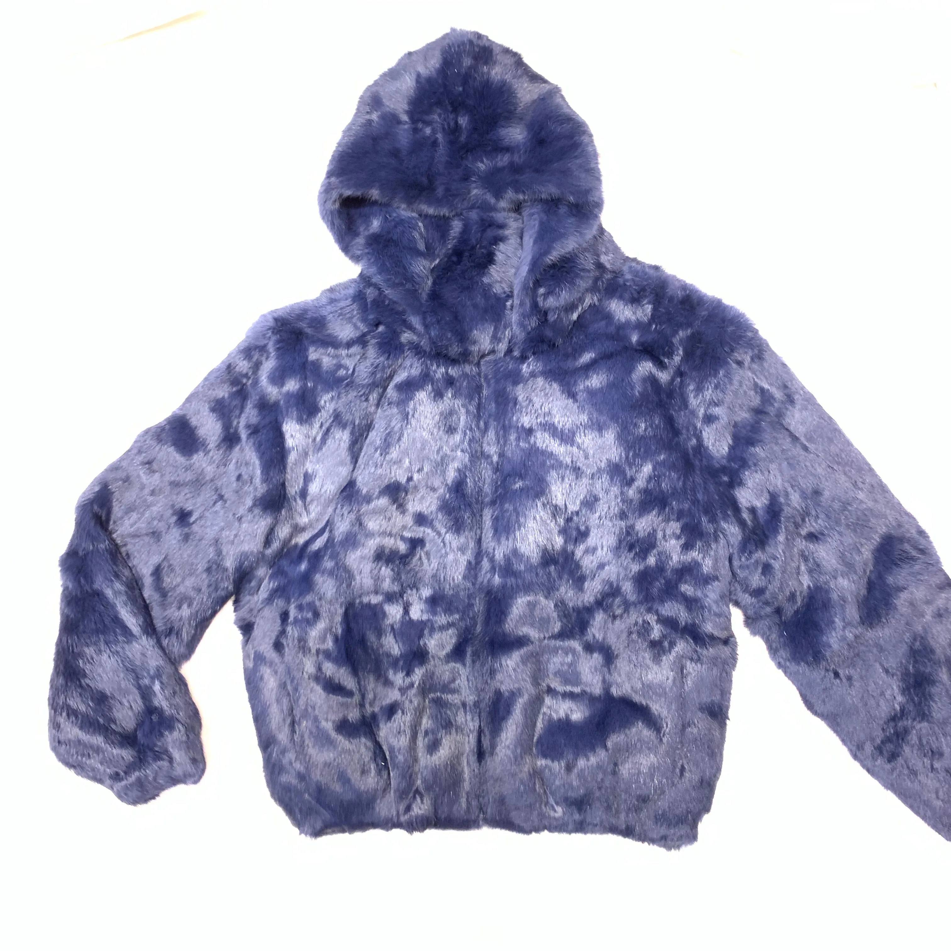 Kashani Navy Men's Blue Rabbit Fur Hooded Bomber Jacket