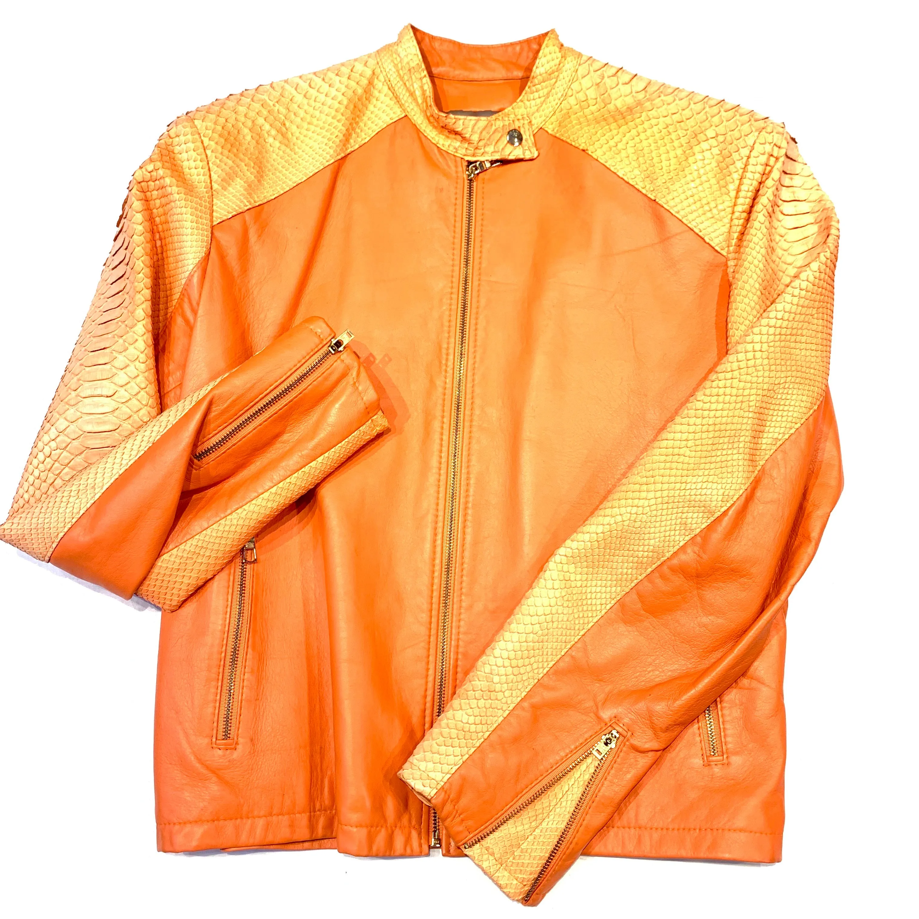 Kashani Orange Full Python Sleeve Bomber Jacket