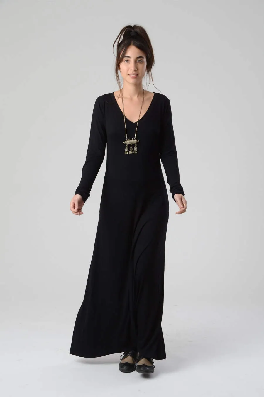 Long Sleeve Black Maxi Dress with Pockets