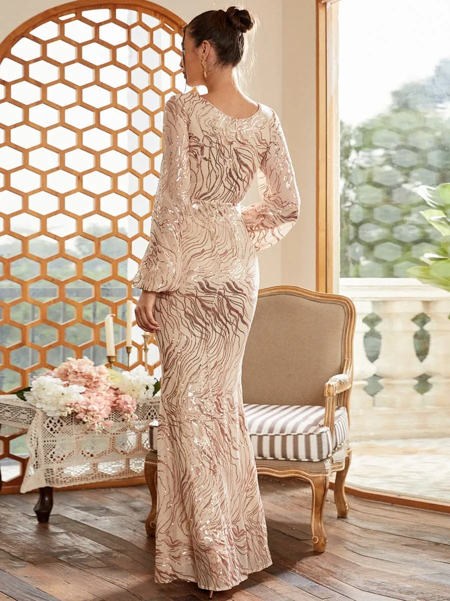 Long Sleeve Maxi Grey Mermaid Sequin Dress XJ1500