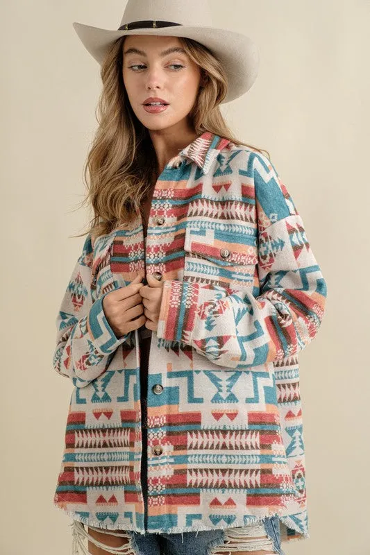 Long-sleeved Frayed Aztec Western Shacket