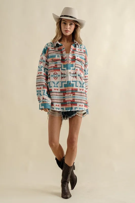 Long-sleeved Frayed Aztec Western Shacket