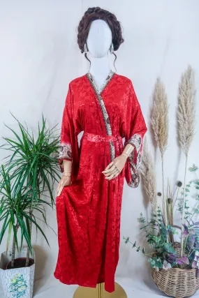 Lotus Kimono Dress - Mrs Claus Red Mistletoe Leaf Jacquard - Vintage Sari - Free Size