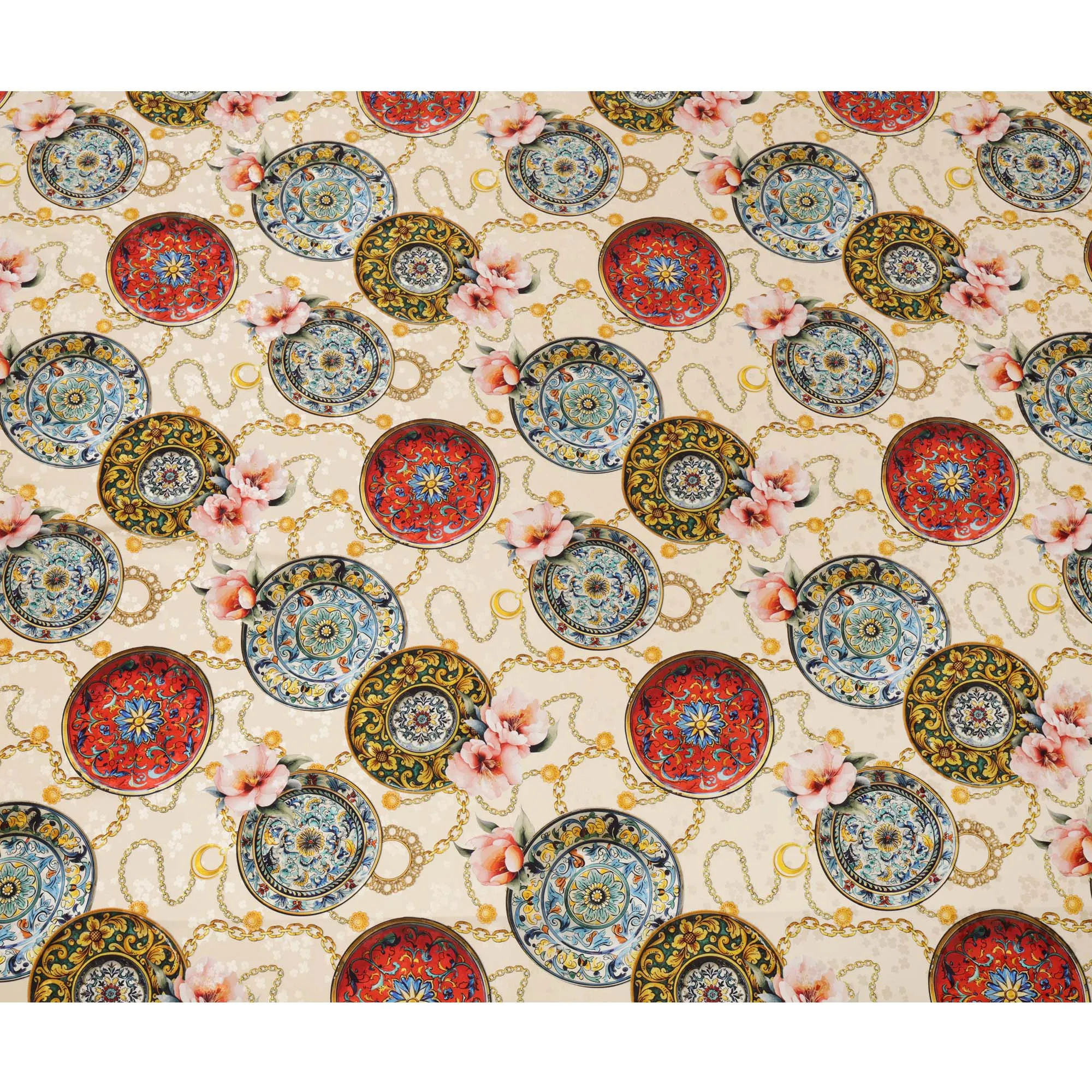 Luxurious Italian Silk Satin Fabric with Vintage Floral Medallion Design, Beige Background – 150 cm Width-D20328