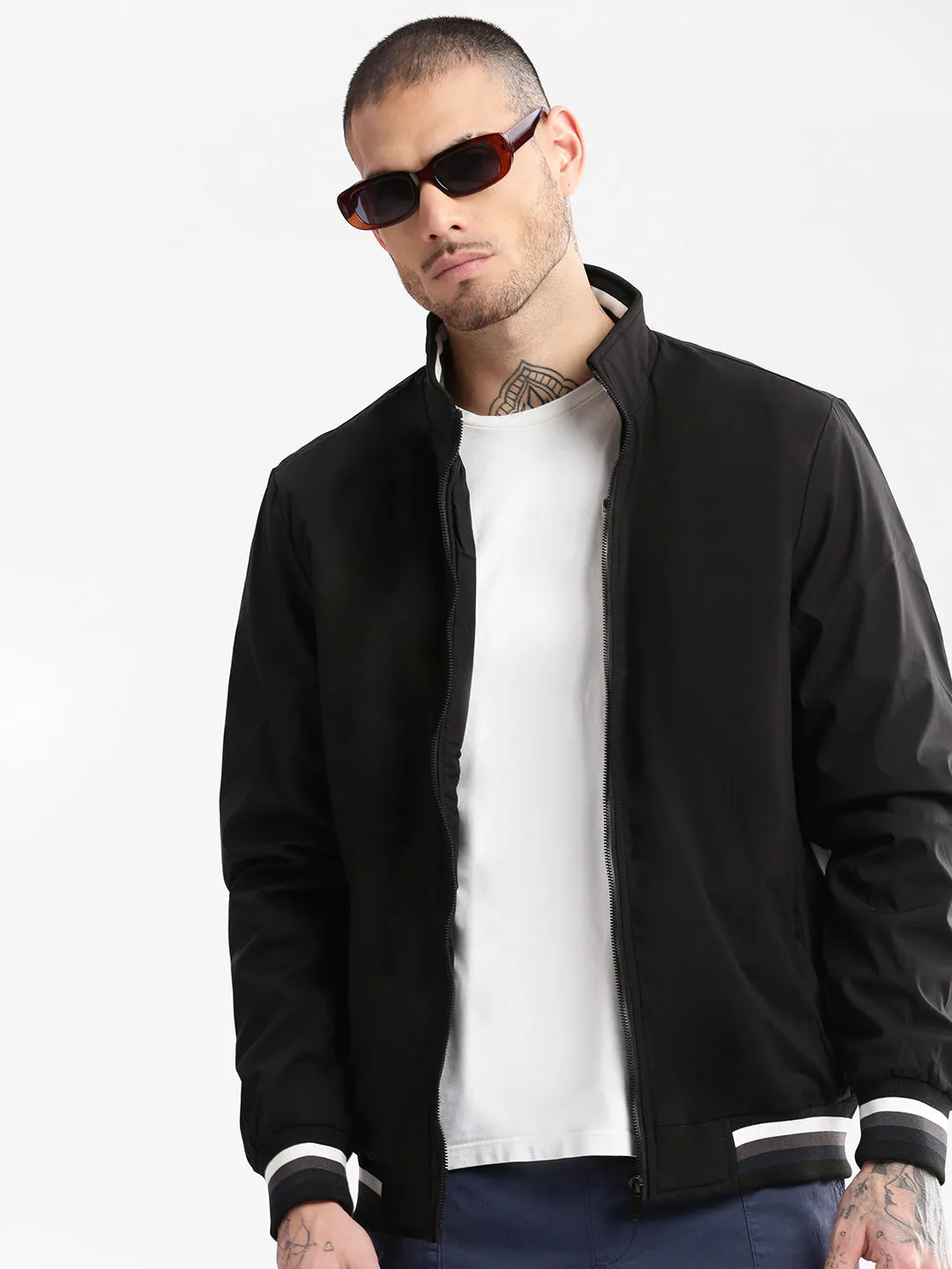 Men Mock Collar Black Solid Bomber Jacket