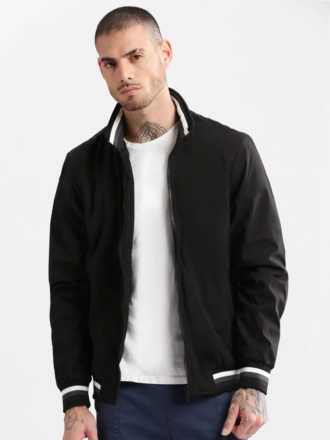 Men Mock Collar Black Solid Bomber Jacket