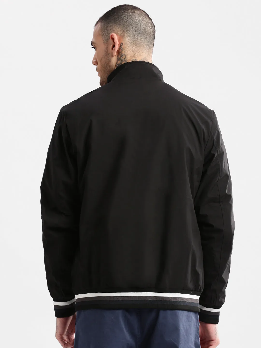 Men Mock Collar Black Solid Bomber Jacket