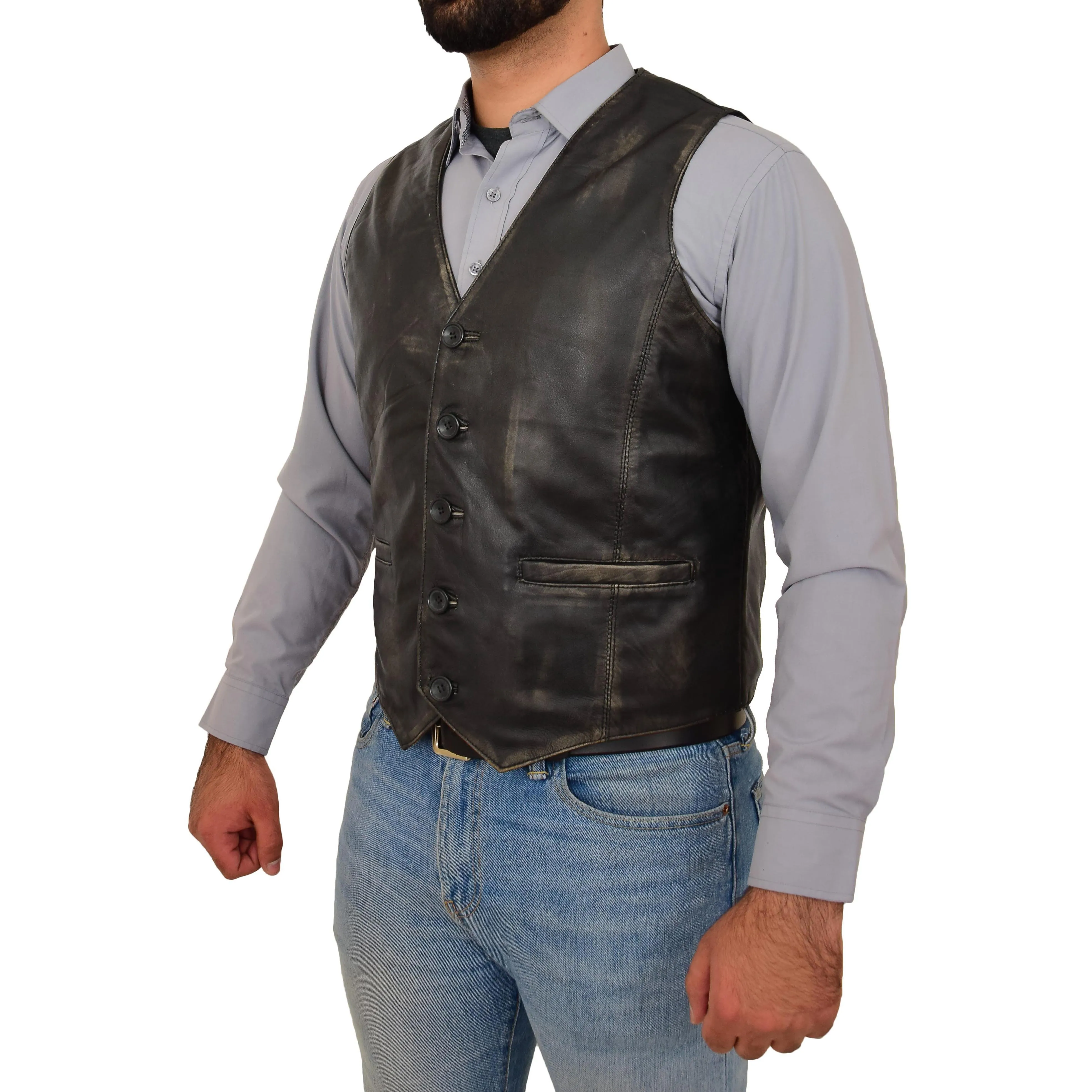 Mens Full Leather Waistcoat Rub Off Gilet Traditional Smart Vest King