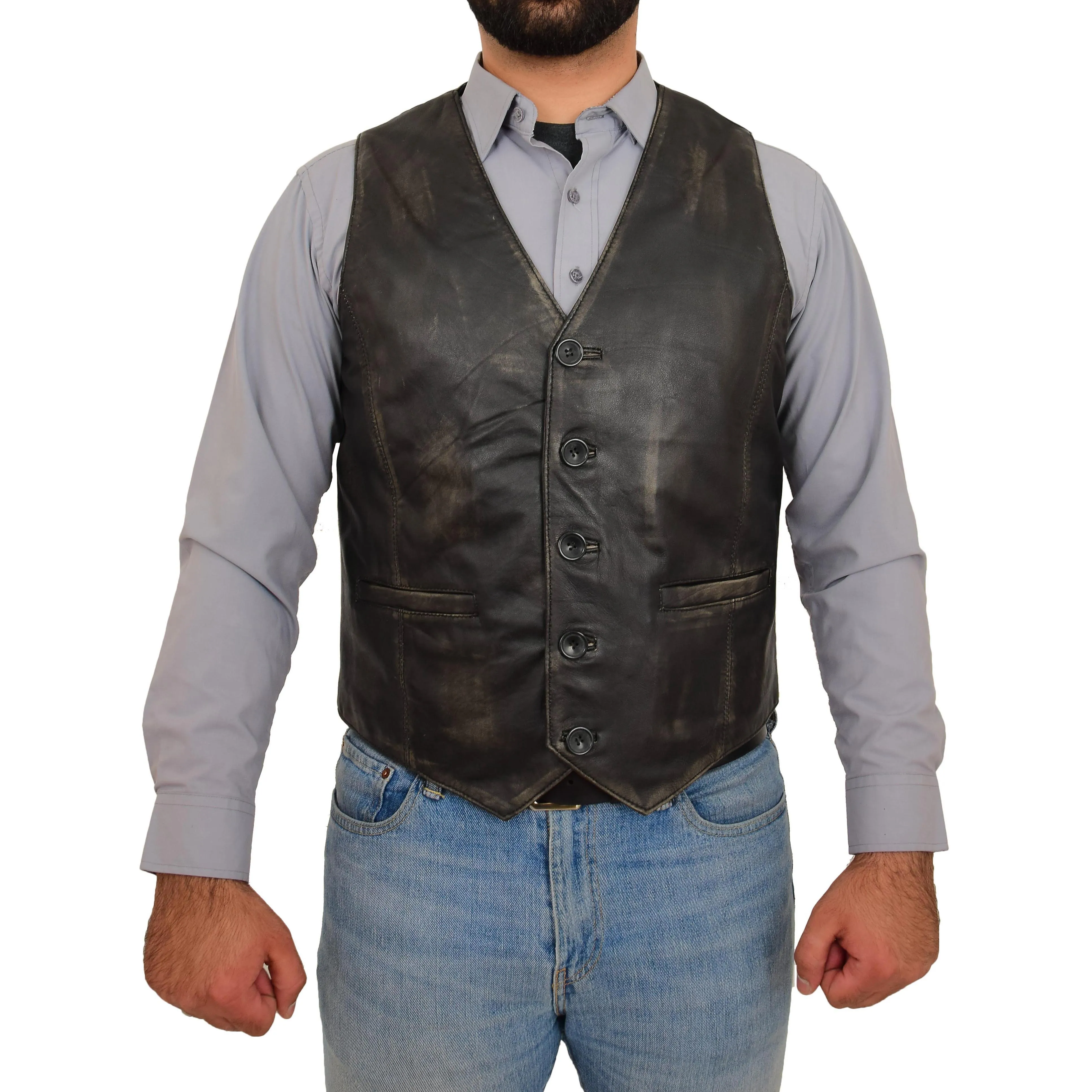 Mens Full Leather Waistcoat Rub Off Gilet Traditional Smart Vest King