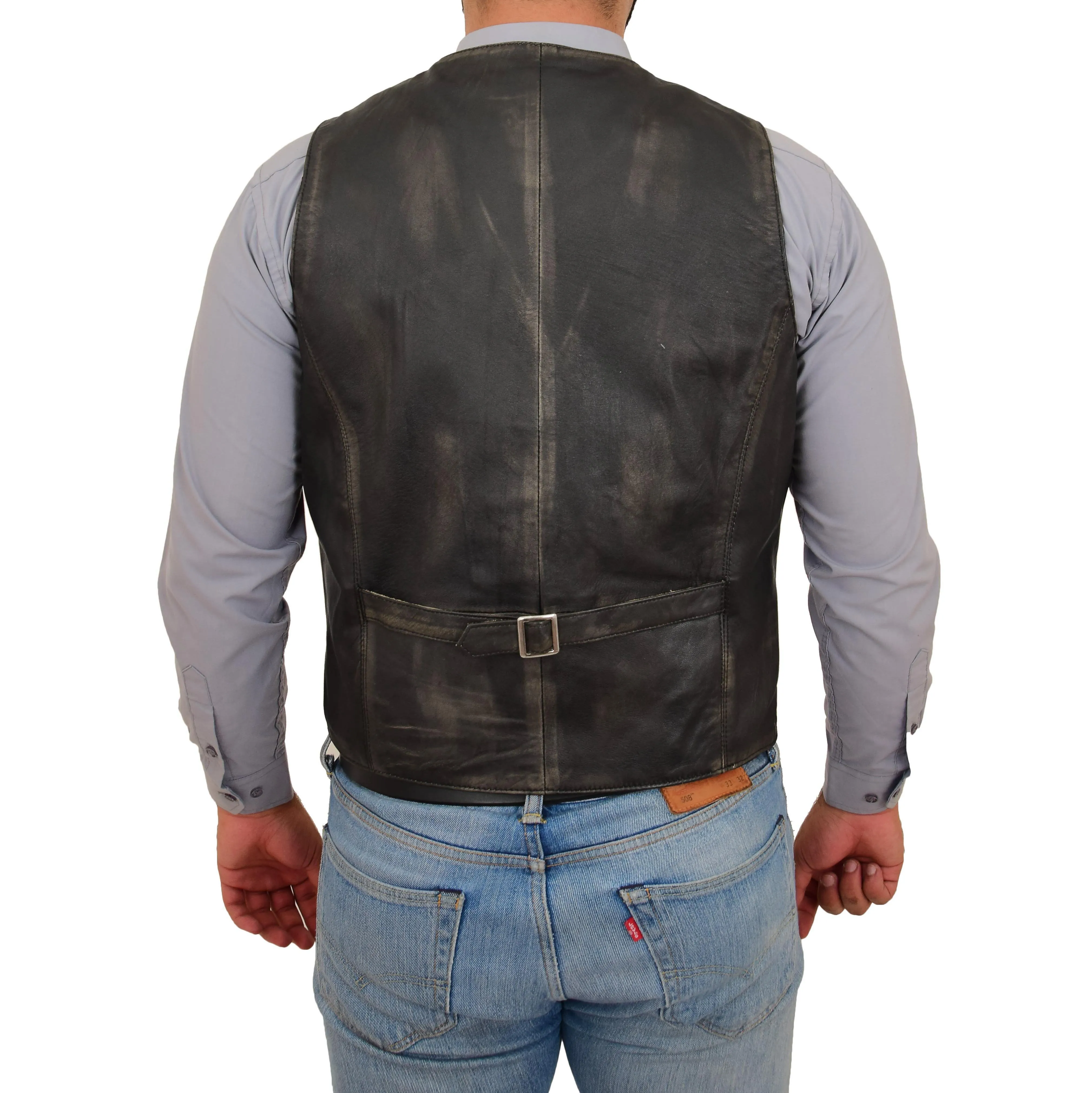 Mens Full Leather Waistcoat Rub Off Gilet Traditional Smart Vest King