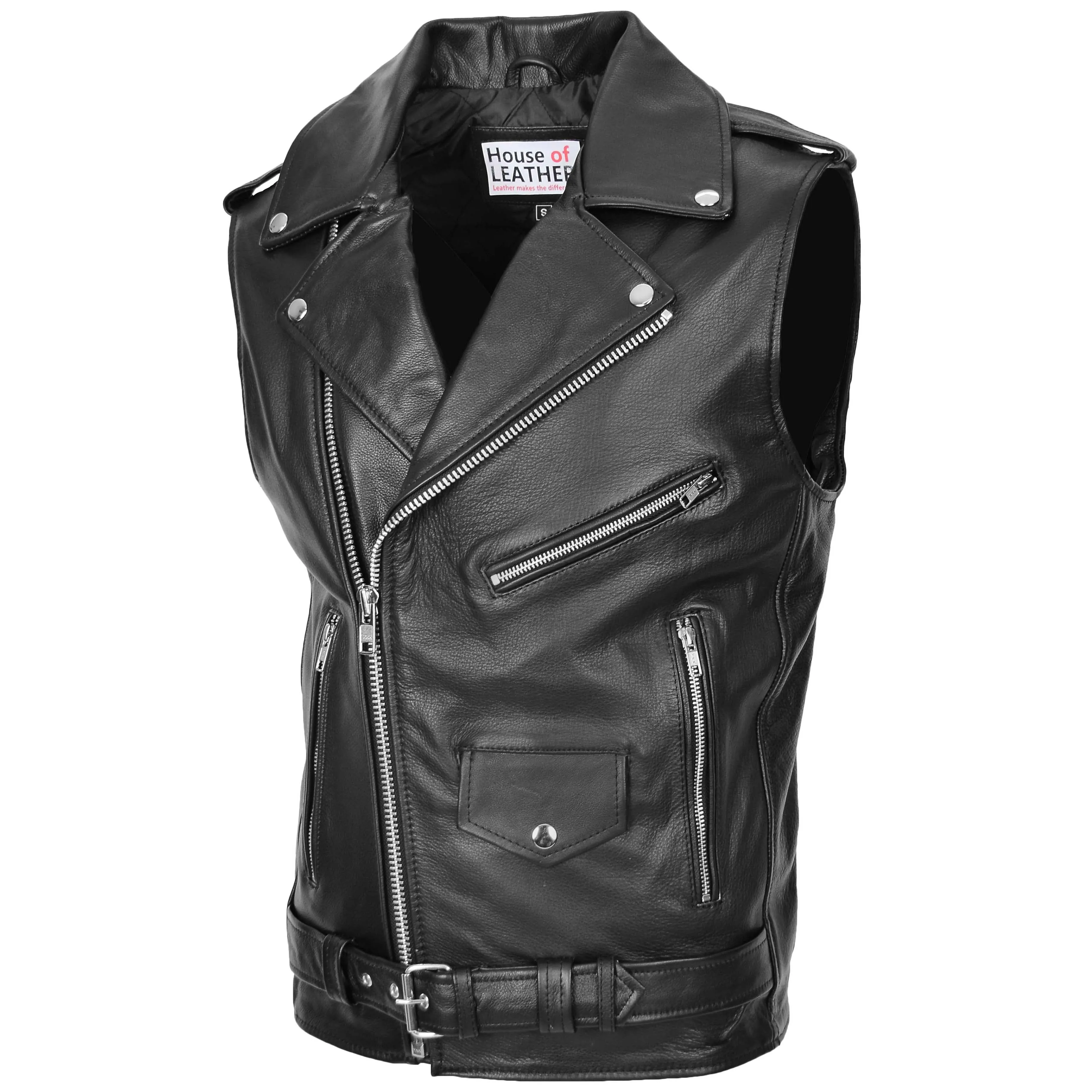 Mens Leather Cross Zip Biker Brando Gilet Jones Black