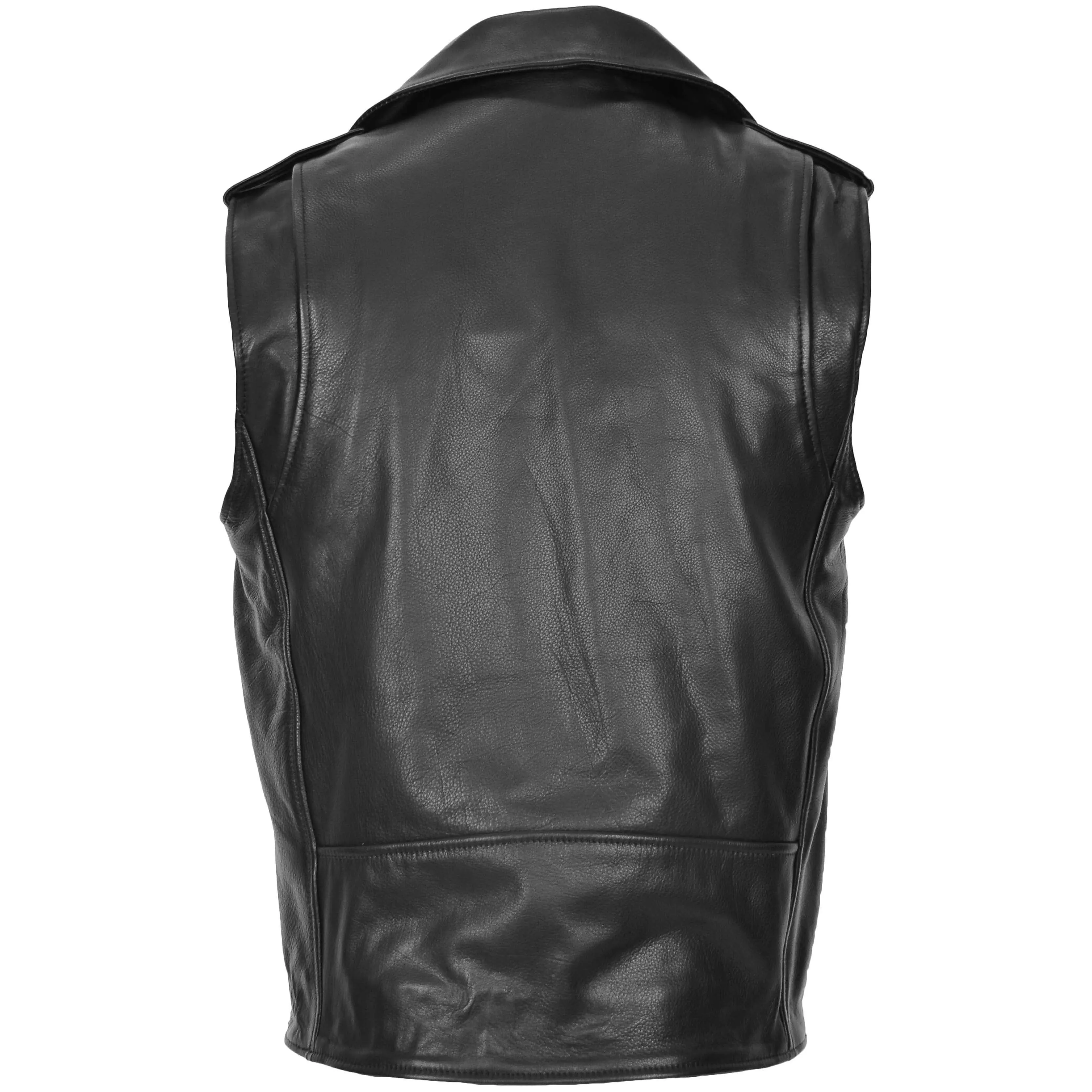 Mens Leather Cross Zip Biker Brando Gilet Jones Black