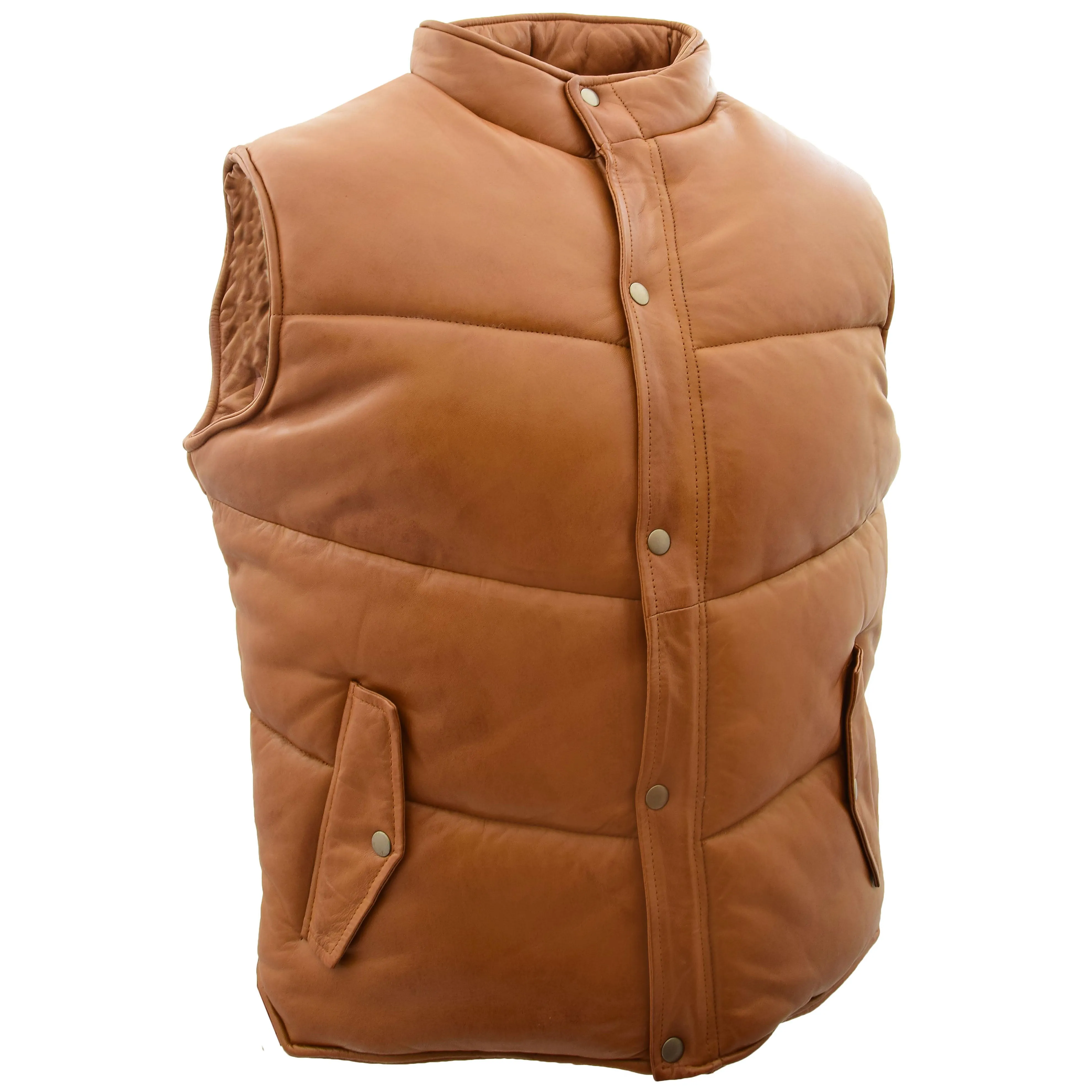 Mens Leather Puffer Waistcoat Body Warmer Leon Tan