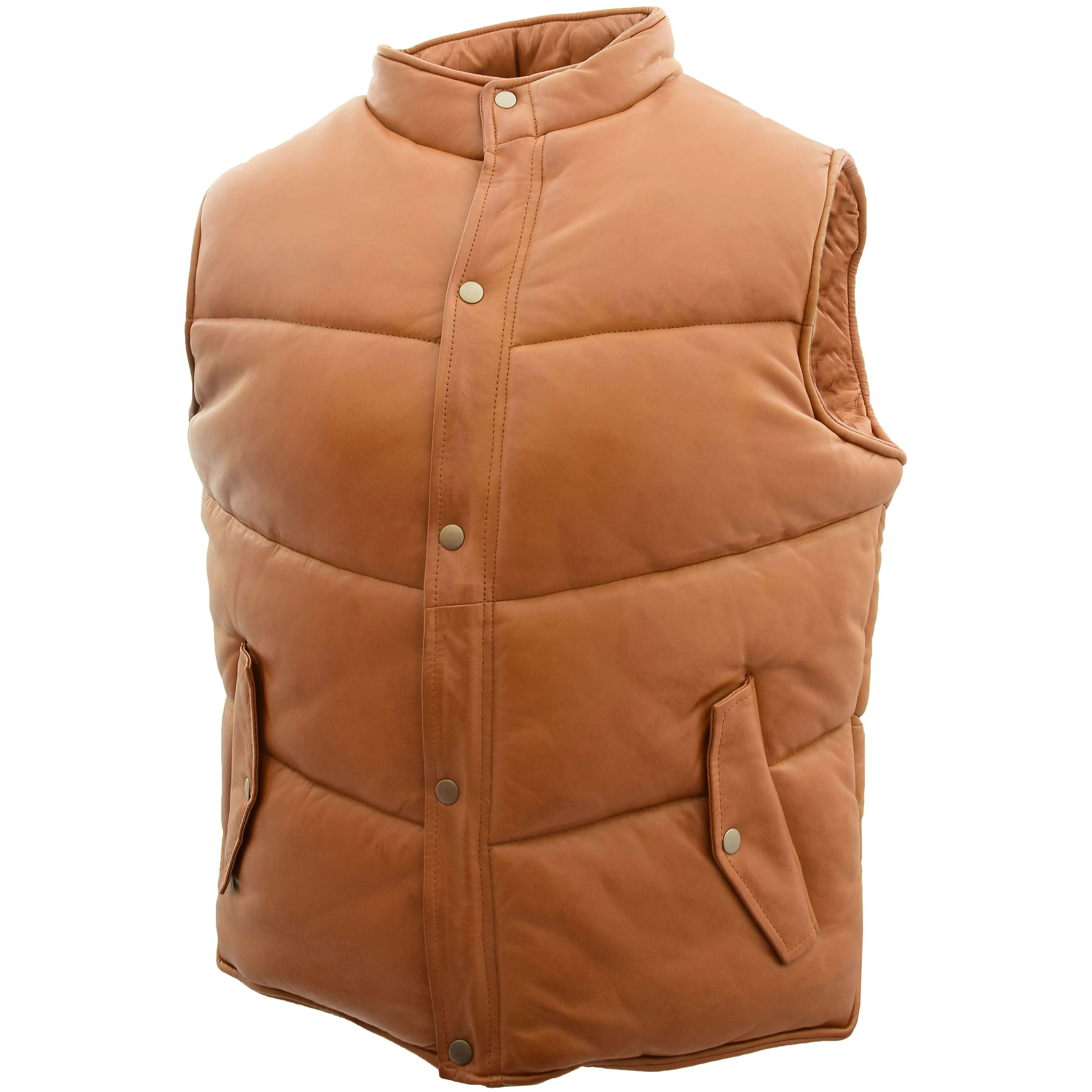 Mens Leather Puffer Waistcoat Body Warmer Leon Tan