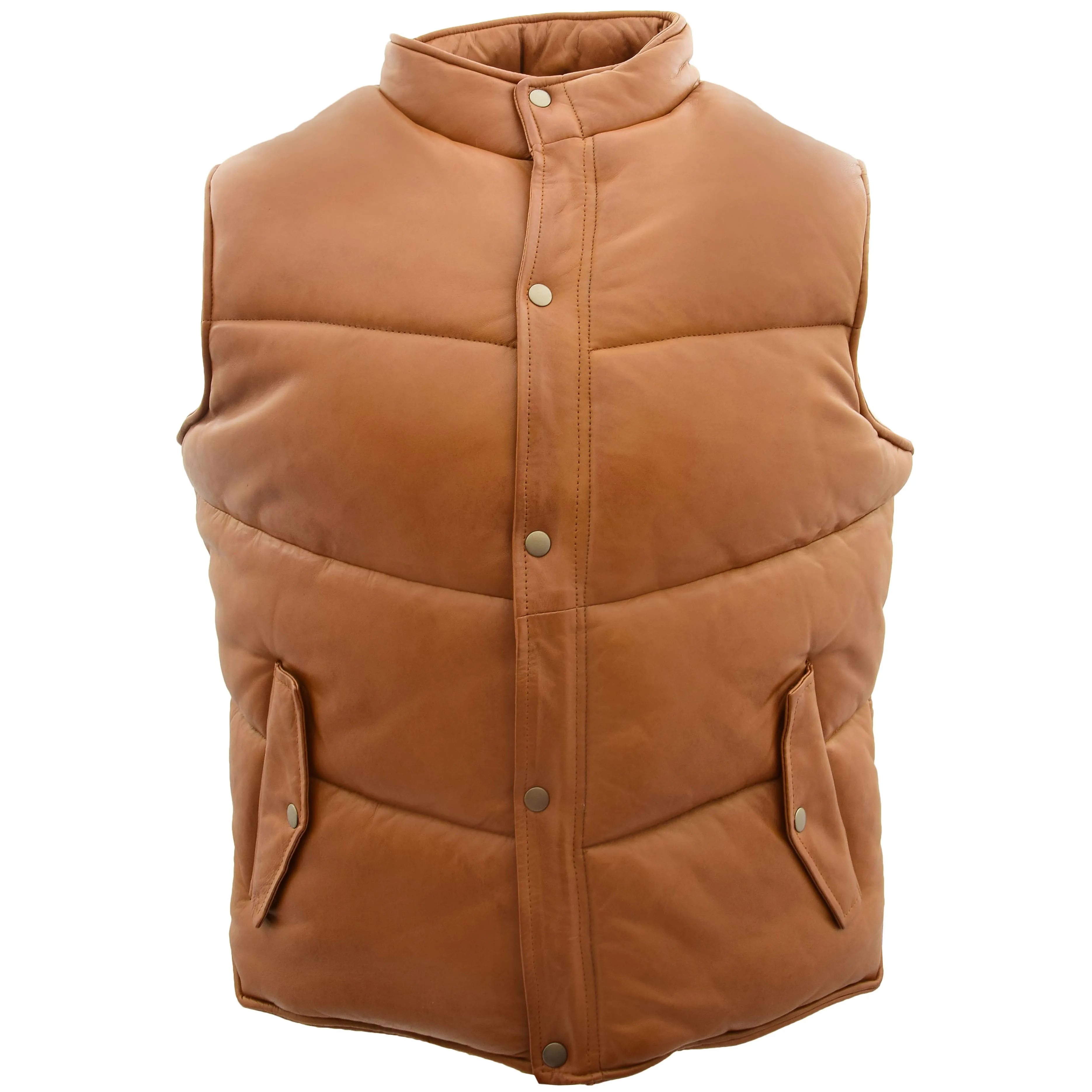 Mens Leather Puffer Waistcoat Body Warmer Leon Tan