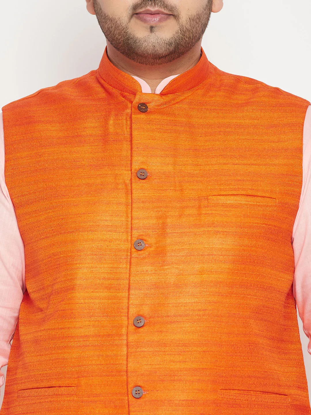 Men's Plus Pink, Orange And White Cotton Blend Jacket Kurta Pyjama Set - Vastramay