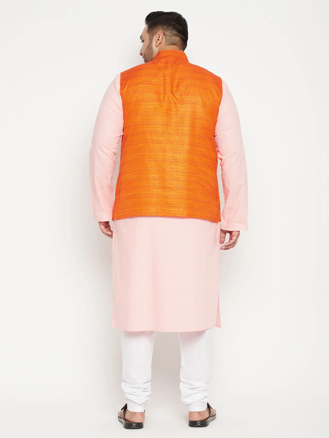 Men's Plus Pink, Orange And White Cotton Blend Jacket Kurta Pyjama Set - Vastramay