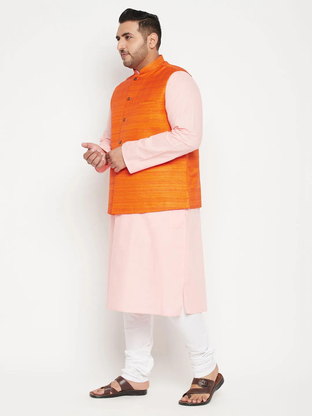 Men's Plus Pink, Orange And White Cotton Blend Jacket Kurta Pyjama Set - Vastramay