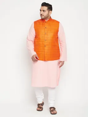 Men's Plus Pink, Orange And White Cotton Blend Jacket Kurta Pyjama Set - Vastramay