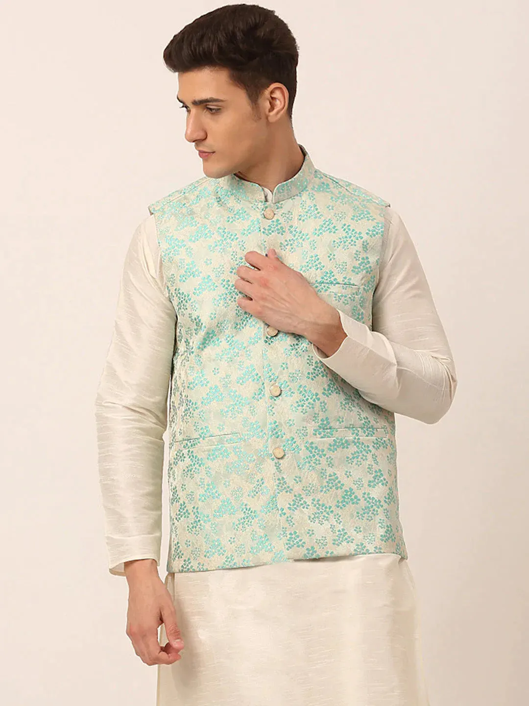 Men'S Sky Blue Floral Design Nehru Jacket.