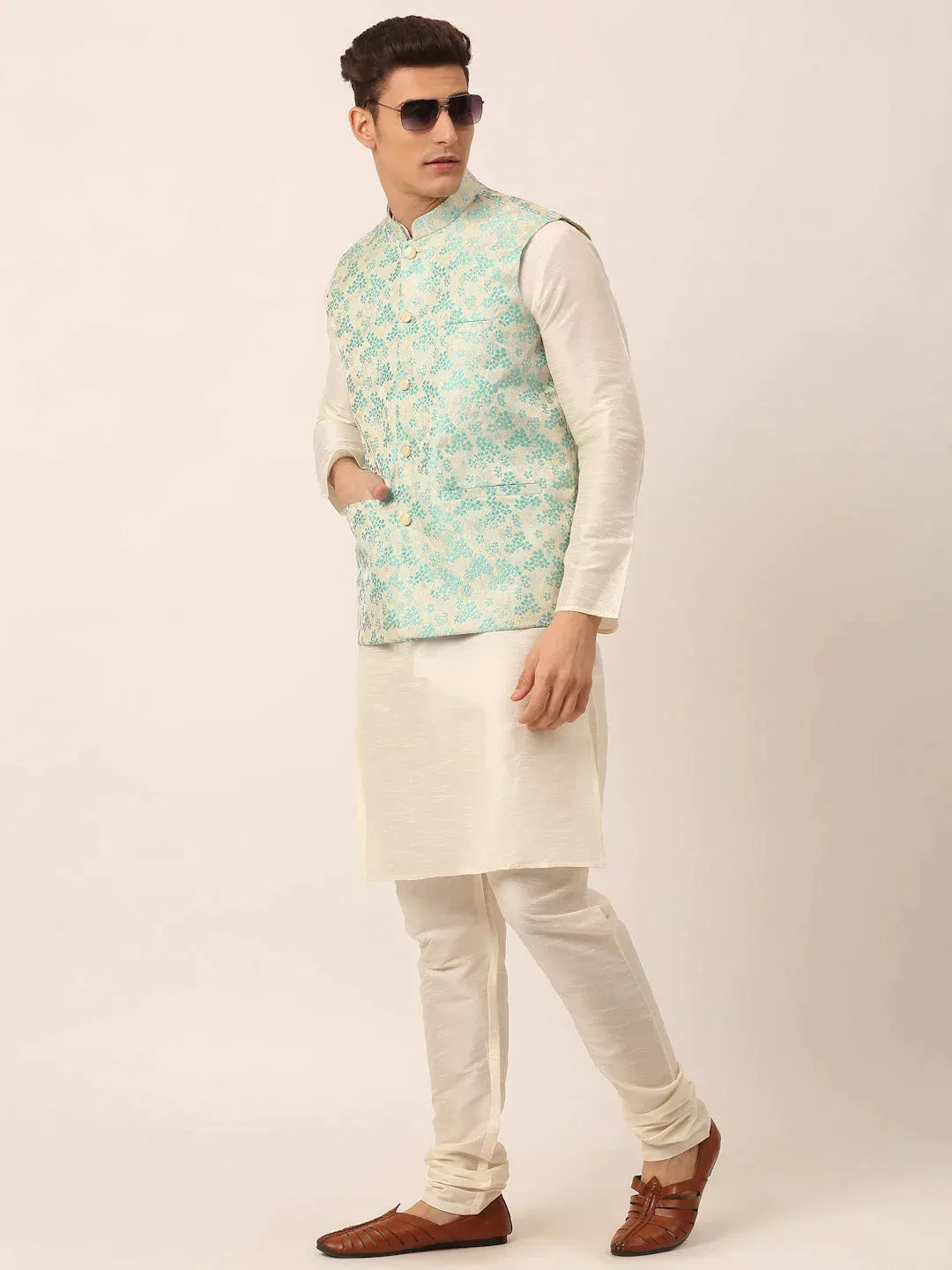 Men'S Sky Blue Floral Design Nehru Jacket.