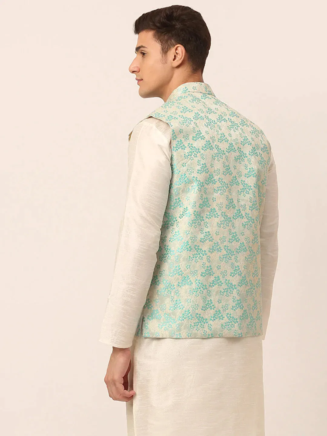 Men'S Sky Blue Floral Design Nehru Jacket.