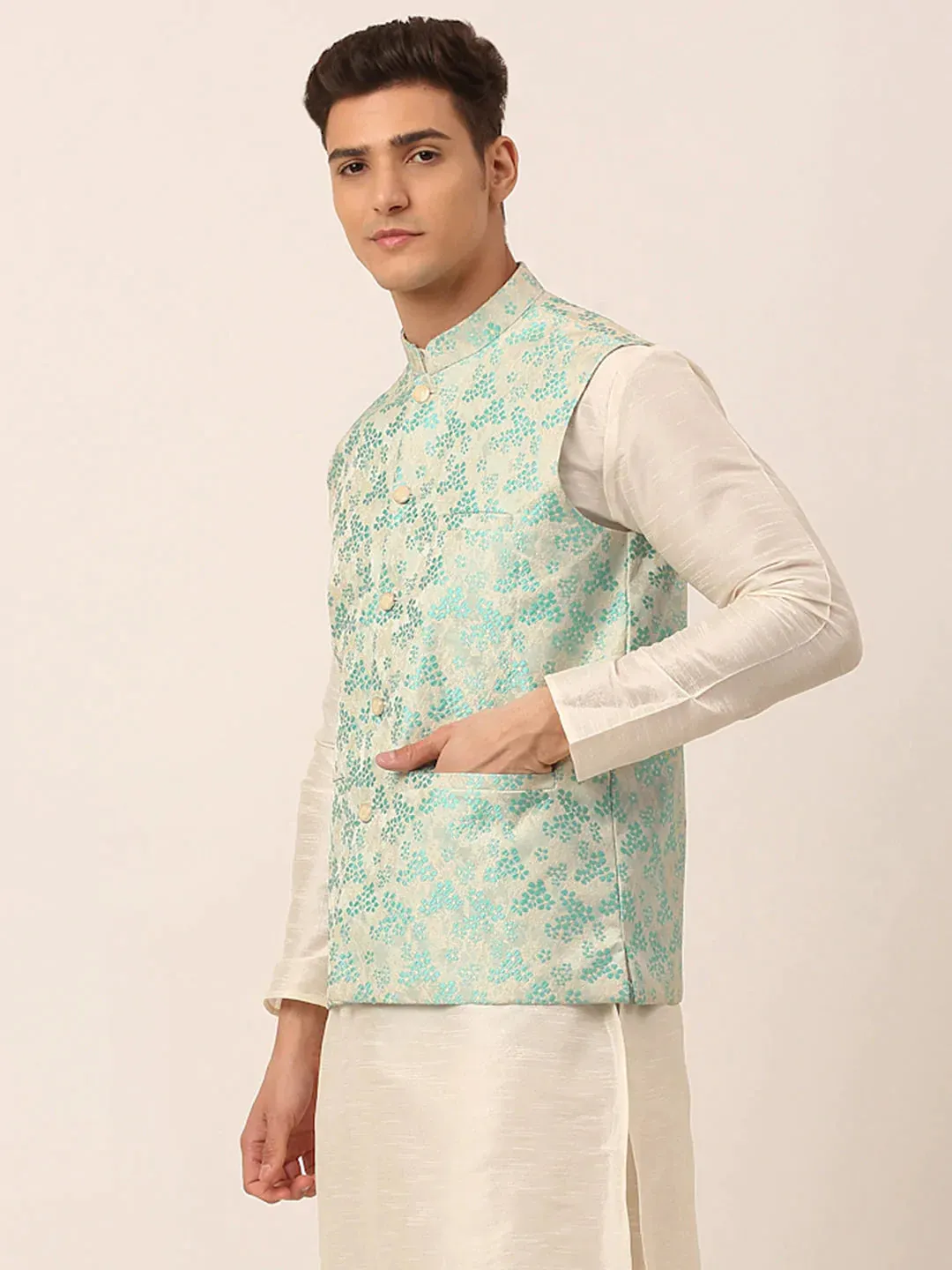 Men'S Sky Blue Floral Design Nehru Jacket.