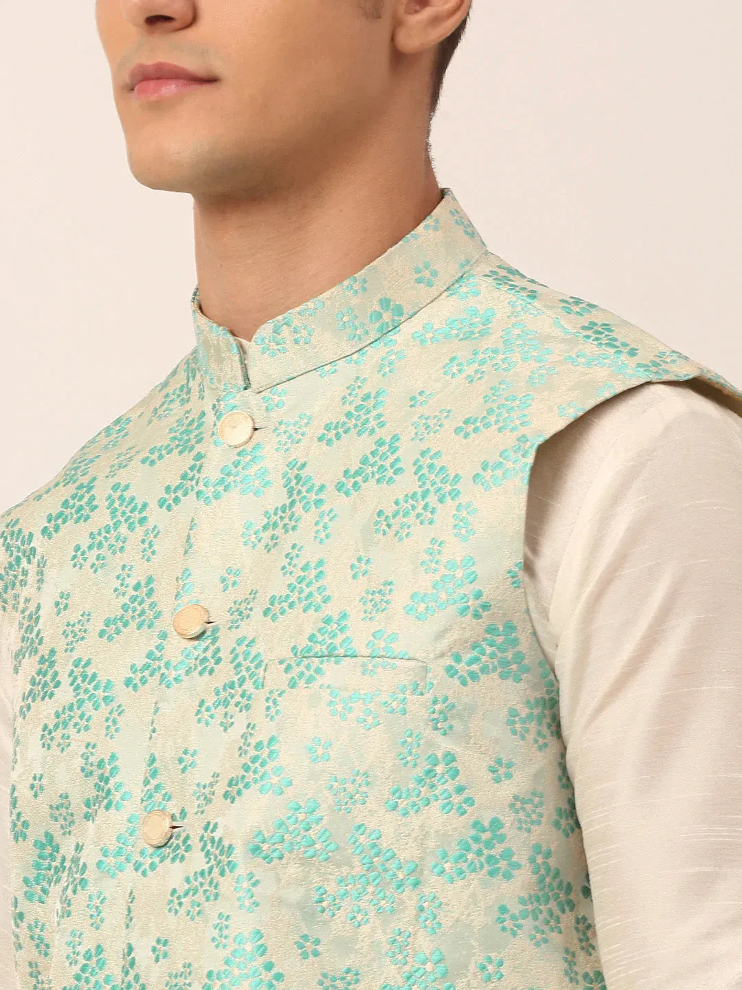 Men'S Sky Blue Floral Design Nehru Jacket.