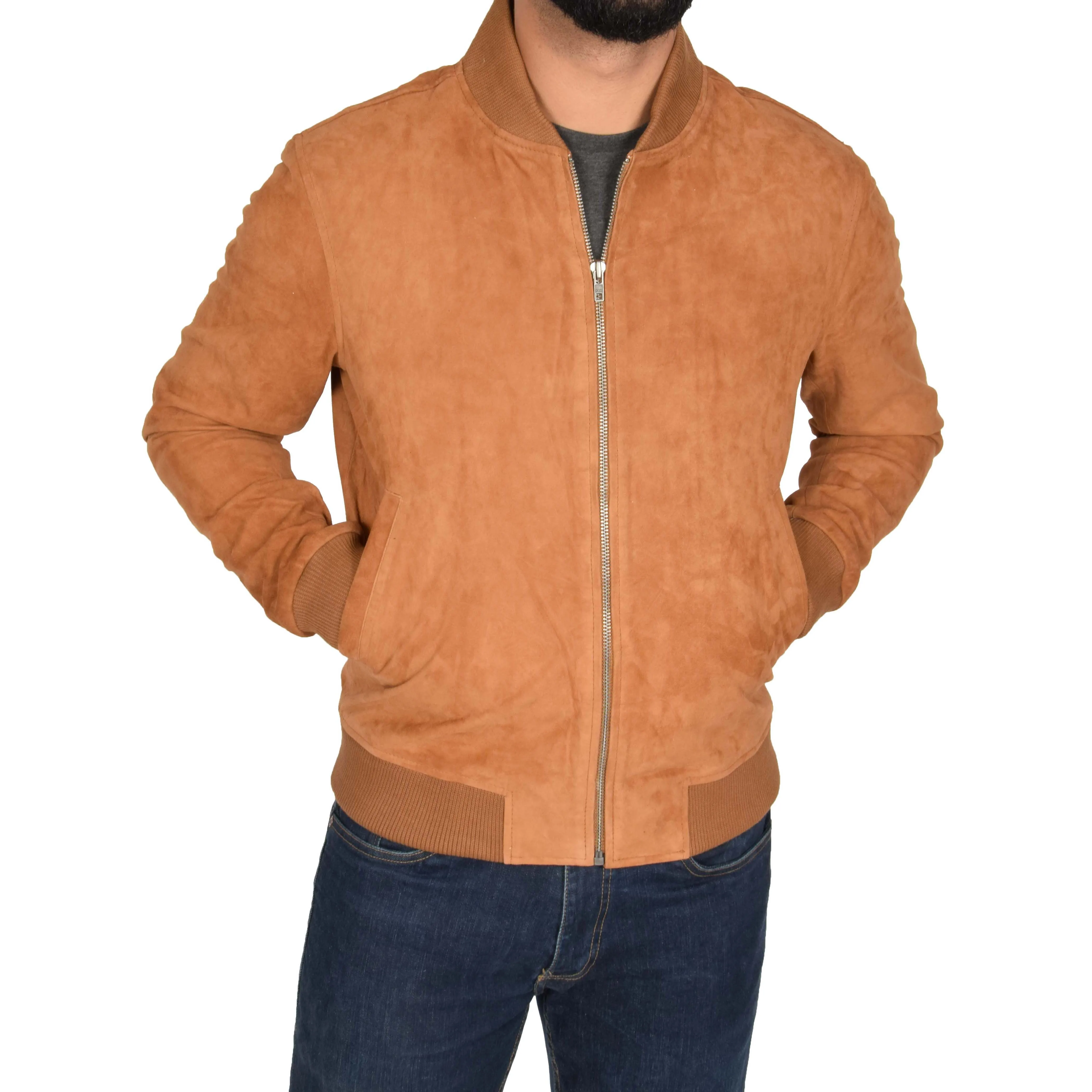 Mens Soft Goat Suede Bomber Varsity Baseball Jacket Blur Tan