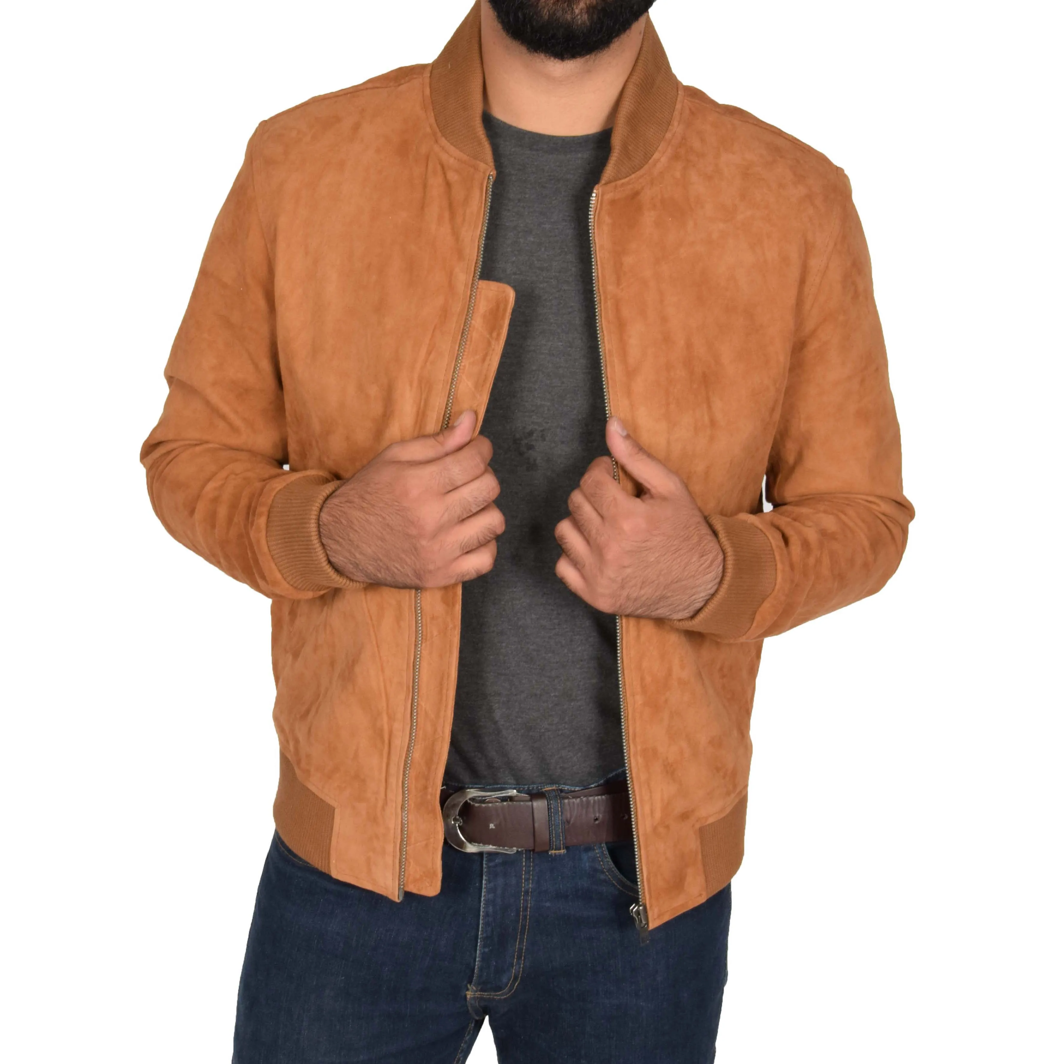 Mens Soft Goat Suede Bomber Varsity Baseball Jacket Blur Tan