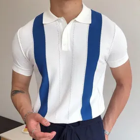 Men's Summer Short-Sleeved Sweater White Striped Slim Polo Shirt