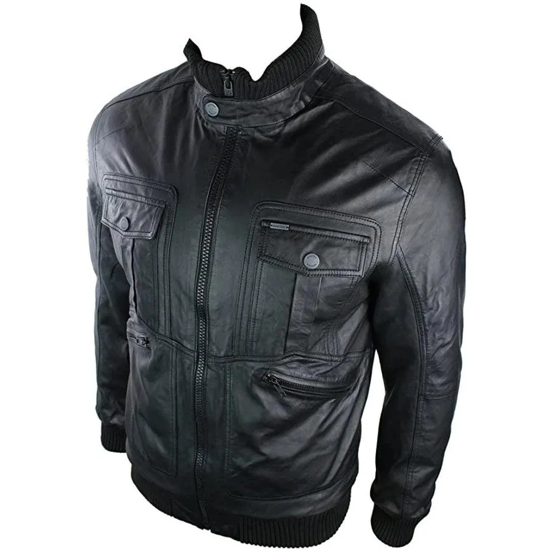 Mens Urban Retro Leather Bomber Jacket High Collar Zipped Pockets Black Vintage