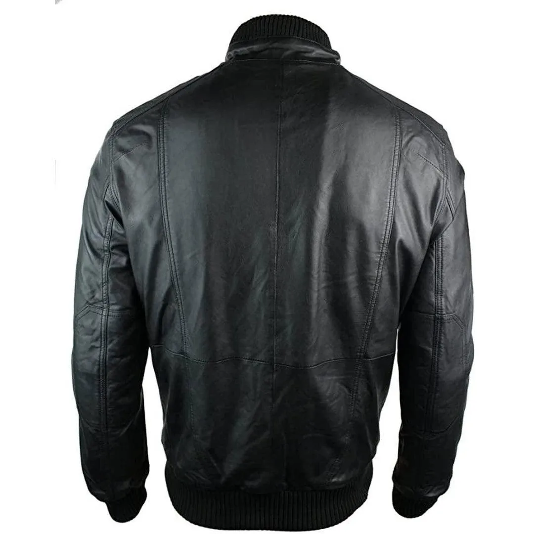 Mens Urban Retro Leather Bomber Jacket High Collar Zipped Pockets Black Vintage