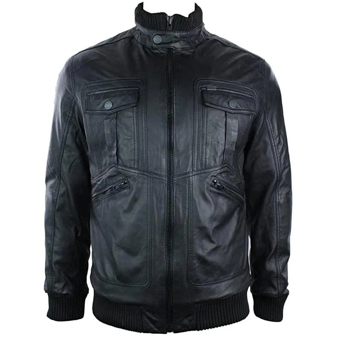 Mens Urban Retro Leather Bomber Jacket High Collar Zipped Pockets Black Vintage