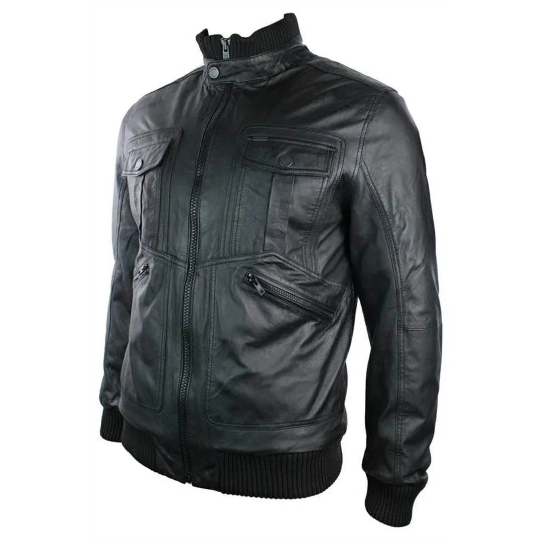 Mens Urban Retro Leather Bomber Jacket High Collar Zipped Pockets Black Vintage