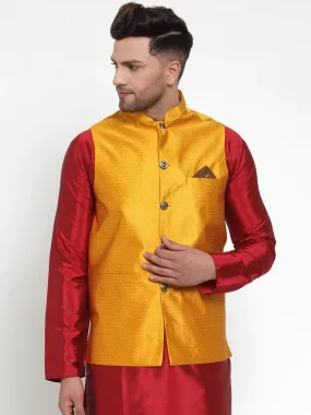 Men'S Yellow Woven Jacquard Nehru Jacket