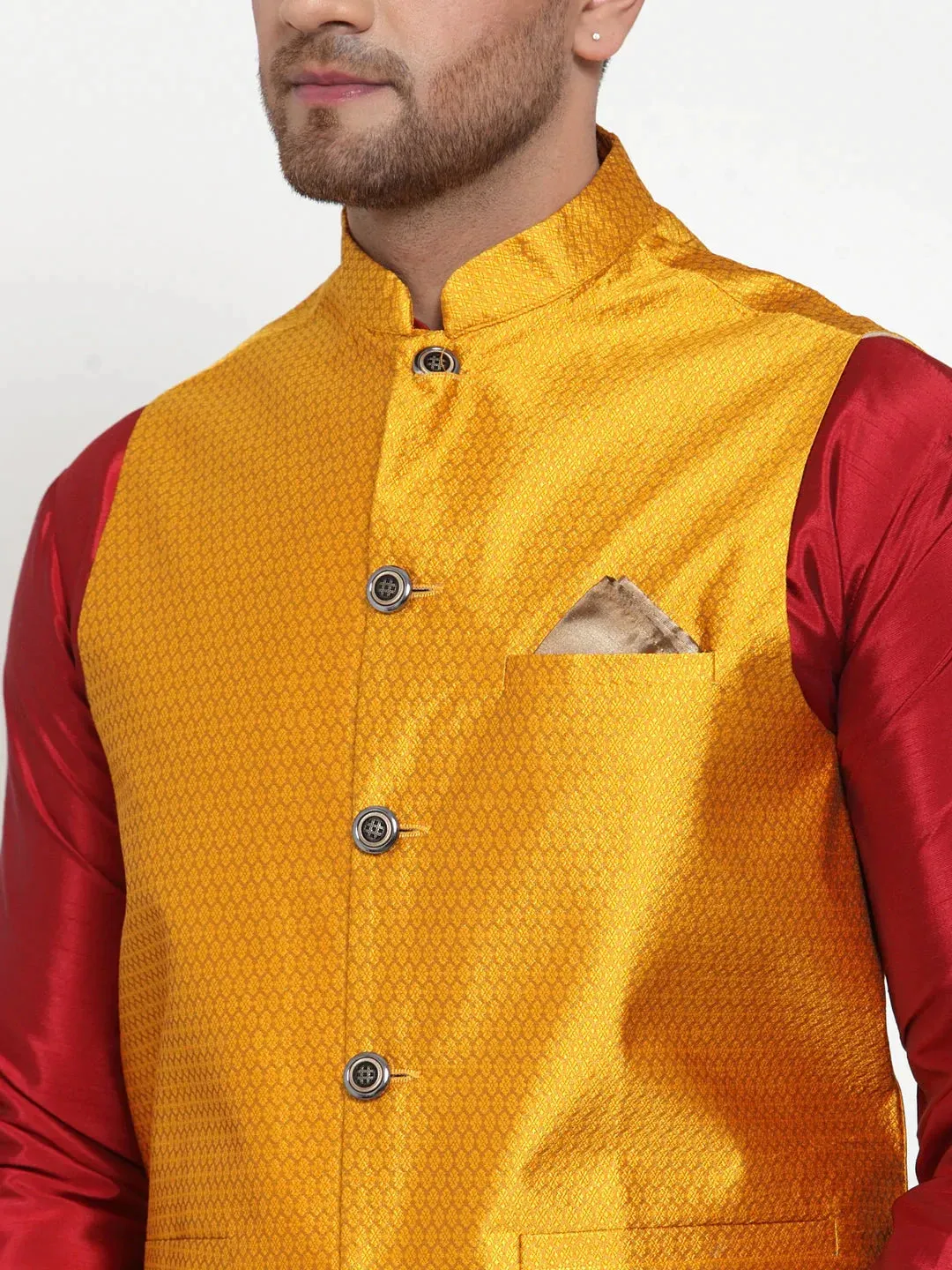 Men'S Yellow Woven Jacquard Nehru Jacket