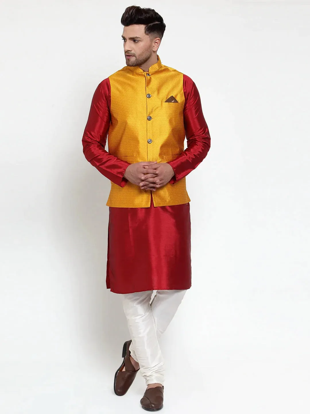 Men'S Yellow Woven Jacquard Nehru Jacket