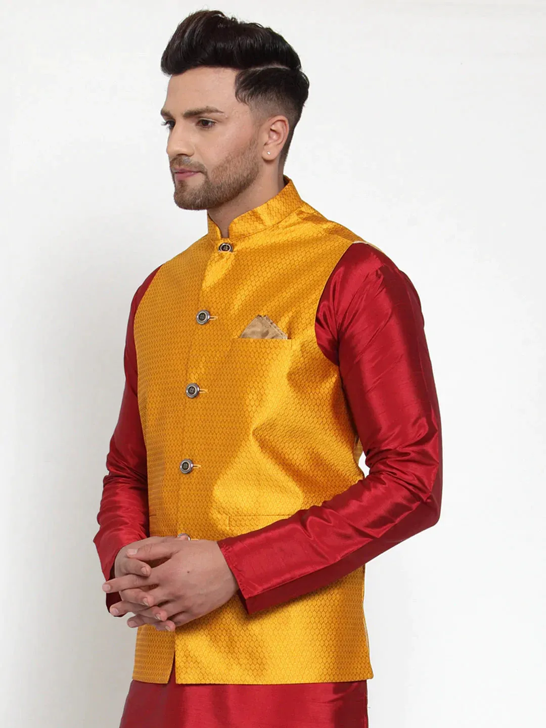 Men'S Yellow Woven Jacquard Nehru Jacket