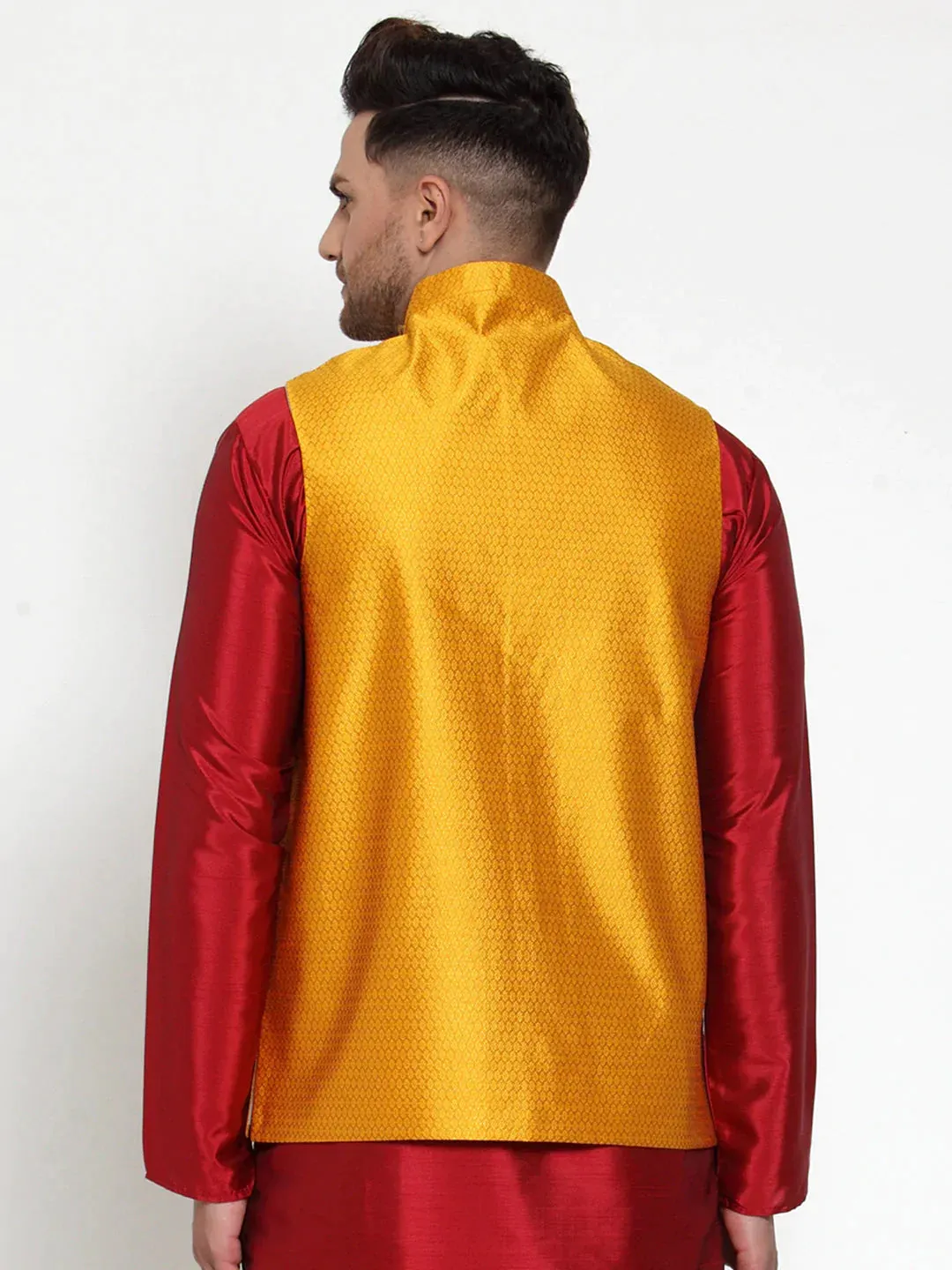 Men'S Yellow Woven Jacquard Nehru Jacket